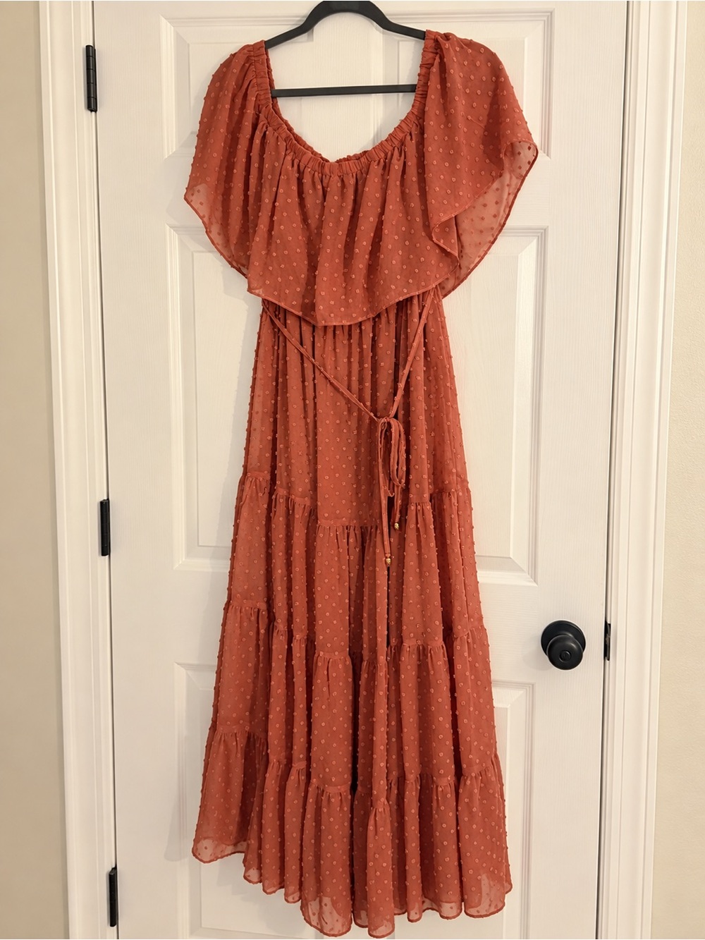 Baltic Born Rust Orange Off-Shoulder Maxi Dress with Tie Waist